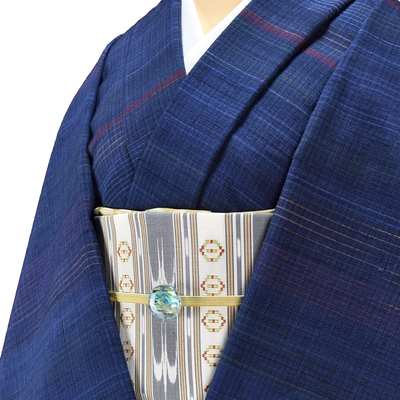 郡上紬 着尺 紺地横細柄 藍 赤 緑 青