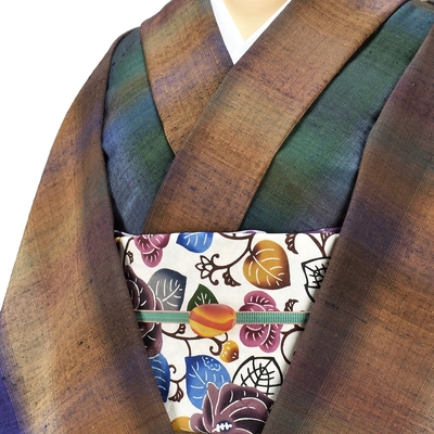 郡上紬 中青茶紫鼡ぼかし縞 茶 藍 緑