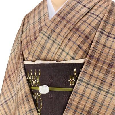 郡上紬 着尺 中茶地ぼかし細格子 ベージュ 茶 藍 緑