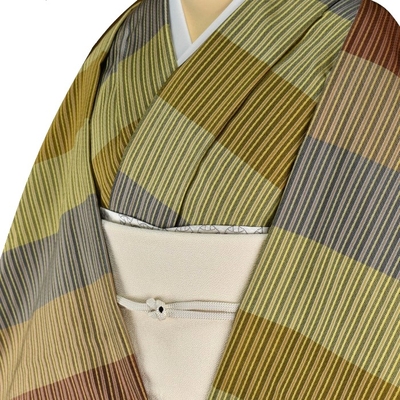 黄八丈 着尺 まるまなこ 横段 茶色 グレー 黄色