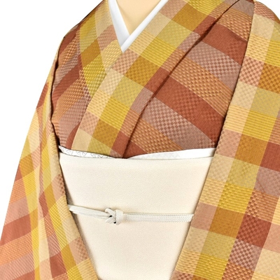 黄八丈 着尺 市松 赤 黄色 グラデーション