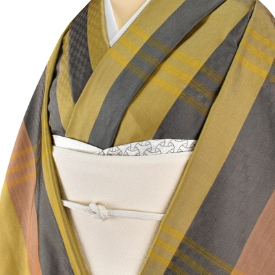 黄八丈 着尺 綾織 菱綾 縞 茶 黄色 墨黒