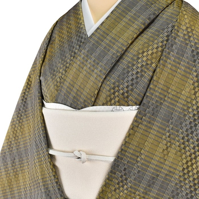 黄八丈 綾織 市松 黄色 グレー グラデーション