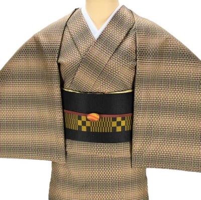 黄八丈 着尺 綾織 市松 茶 黒 黄