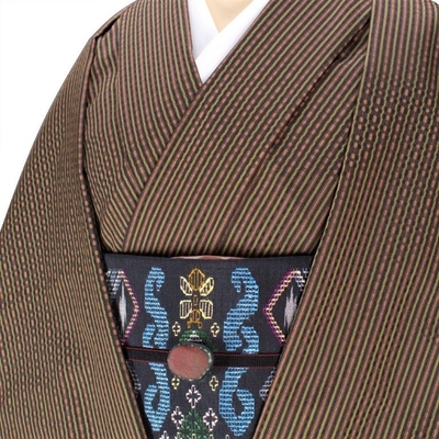 黄八丈 着尺 綾織 市松 縞柄 黒 茶 黄