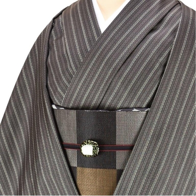 黄八丈 着尺 綾織 まるまなこ 黒八丈 縞柄 グレー 黄土色