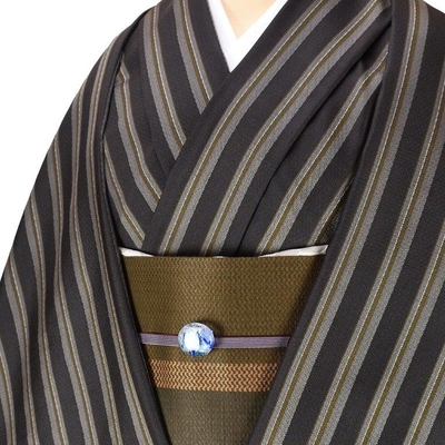 黄八丈 着尺 綾織 まるまなこ 黒八丈 縞柄 黒 グレー 黄土色