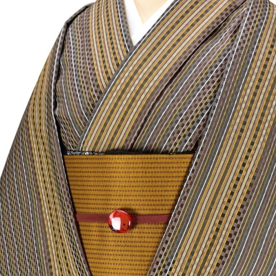 黄八丈 着尺 綾織 市松 黒八丈 縞柄 茶 黄 白