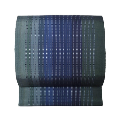 首里道屯織 九寸帯 全通柄 縞 緑 藍 ｜ 宮平初子 宮平織物工房 人間国宝