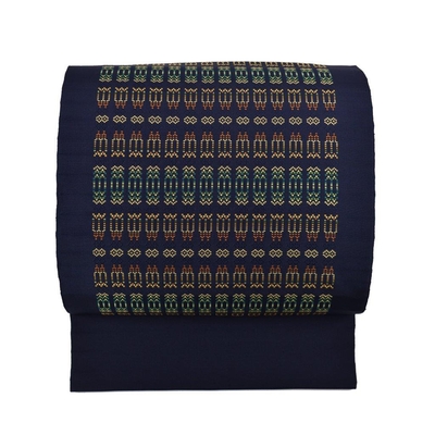 首里花織 お太鼓柄 藍 オレンジ 緑｜ 宮平初子 宮平織物工房 人間国宝