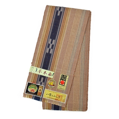 八重山ミンサー 半幅帯 茶 藍 草木染 ｜石垣市織物事業協同組合