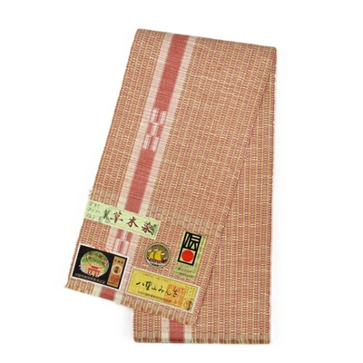 八重山ミンサー 半幅帯 薄紅色 ピンク 草木染 ｜石垣市織物事業協同組合