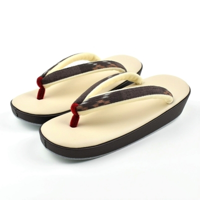 久米島紬 鼻緒 草履 帆布 生成り 焦げ茶