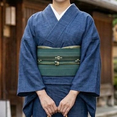 八重山ミンサー 半幅帯 2本絣・深青緑｜みんさー工芸館