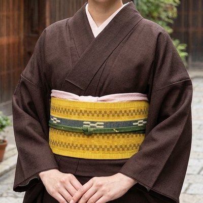 八重山ミンサー 半幅帯 黄色 藍 草木染｜石垣市織物事業協同組合