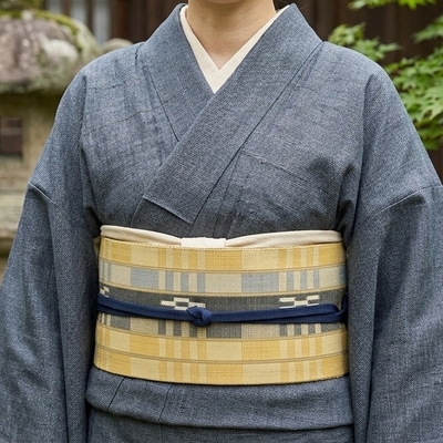 八重山ミンサー 半幅帯 黄色 藍 グレー 草木染｜石垣市織物事業協同組合