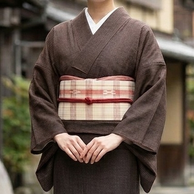 八重山ミンサー 半幅帯 生成り ピンク 格子 草木染｜石垣市織物事業協同組合