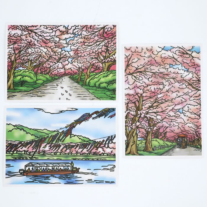 イラストポストカード（展勝地桜並木・馬車・こいのぼり） | 北上観光