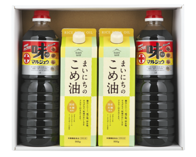 ふるさとからの贈りもの調味料セットA（まいにちのこめ油900g　2本、味マルジュウ1L　2本）