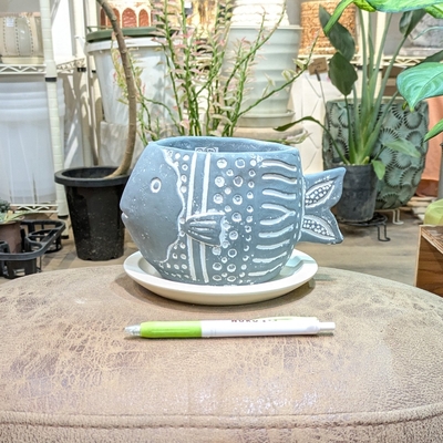 【 672 】内径 約10 × 9cm 高さ 約10cm 全長(口～尾ひれ) 約19cm(受皿付・鉢底穴あり)