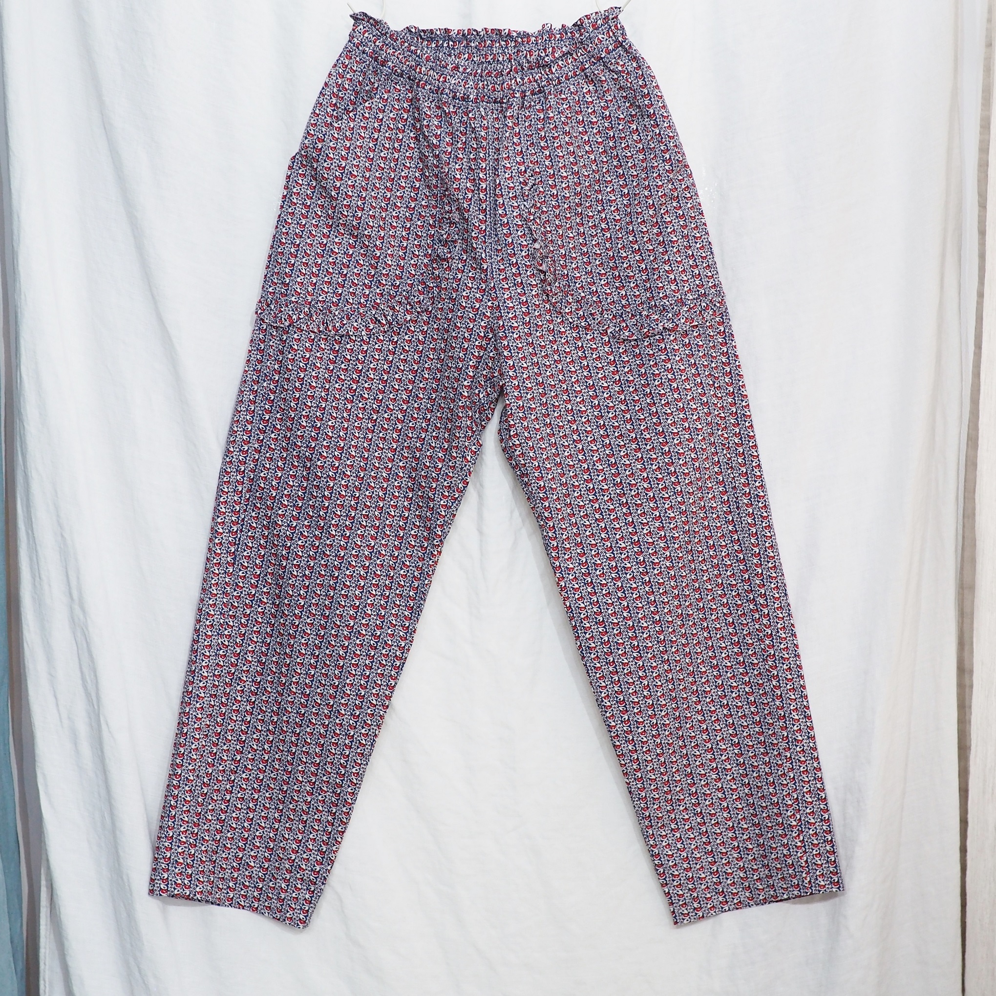 ホームスパン ダンプ小花プリント フリルポケット パンツ ブルー #3393