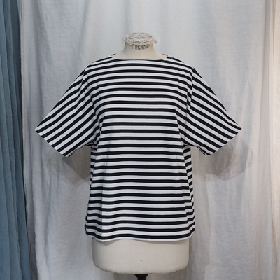 ホームスパン　20/1 ボーダー 天竺 半袖 プルオーバー　#6567　サラシ&times;ブラック