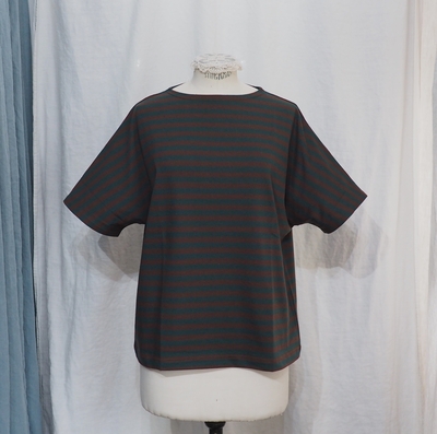 ホームスパン　20/1 ボーダー 天竺 半袖 プルオーバー　#6567　グリーン&times;ブラウン