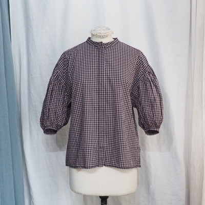 ホームスパン　ギンガム　パフスリーブ ブラウス　＃５７５０　モカ&times;ブラック