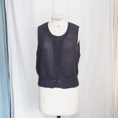 ホームスパン リネン 前スリット ベスト　#7942　ネイビー