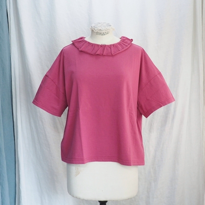 ホームスパン　30/1天竺 フリルカラー 半袖Ｔシャツ　#6563　ワイン