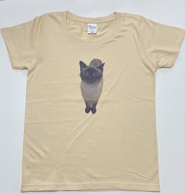 プリントTシャツ　猫　ベージュ　レディース　Lサイズ