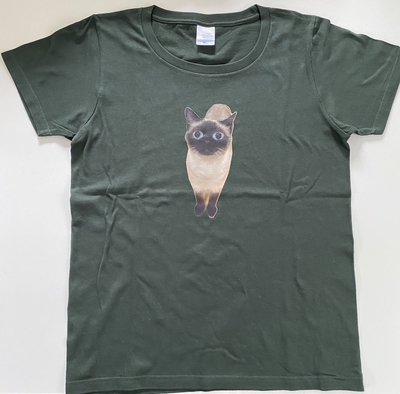 プリントTシャツ　猫　グリーン　レディース　Lサイズ