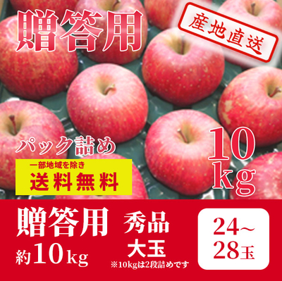 りんご　サンふじ　12月上～中旬発送予定　贈答用　秀　パック詰　大玉　約10k（24～28玉）
