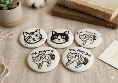 【選べる3個セット】猫のふんわり布製缶バッジ（57mm）くるみボタン風