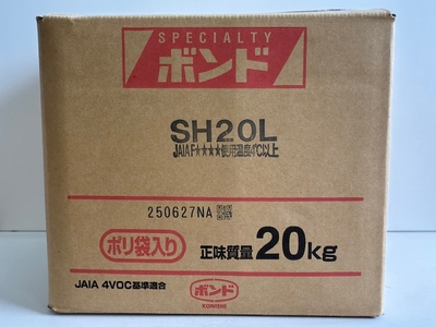コニシボンド木工用SH20L 20kg　α-オレフィン無水マレイン酸樹脂系エマルジョン形接着剤　一般木工用、木質フラッシュ用　メラミン化粧板と木質材料の積層接着　初期接着が良好