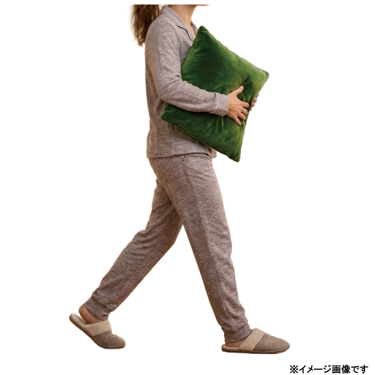 神戸電鉄の座席シートを使用したクッションを持っている女性の画像