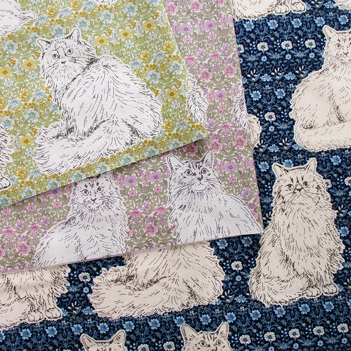 スケアプリント 猫とはな 108cm巾 ねこ|ネコ|動物|小花 | ひなた