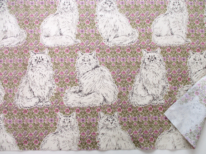 スケアプリント 猫とはな 108cm巾 ねこ|ネコ|動物|小花 | ひなた