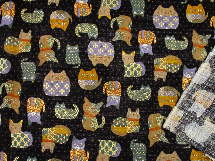 SALE】和柄ムラ糸クロス 金猫絣 108cm巾 ねこ ネコ 動物 | ひなた