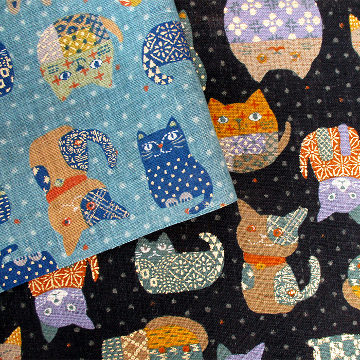 【SALE】和柄ムラ糸クロス 金猫絣　108cm巾　ねこ ネコ 動物