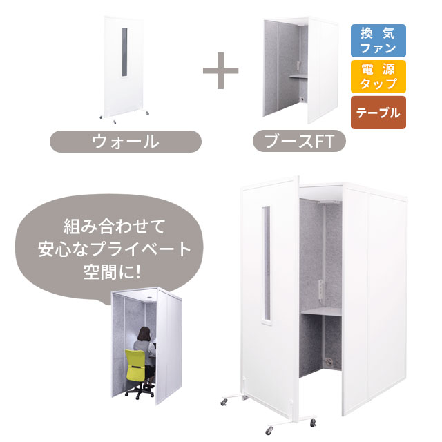 吸音ブース（ホワイト）とウォール（扉）のセット使用例イメージ