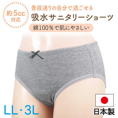 【吸水量 約5cc】綿100％で肌に優しい　吸水サニタリーショーツ　日本製　FS15　LL・3L