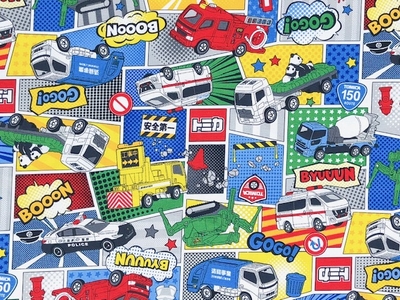 ポイント10倍！ コットンオックスプリント生地　トミカ柄
