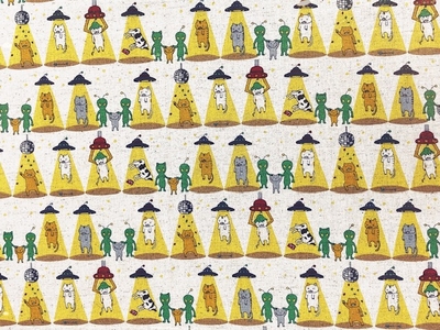 綿麻キャンバスプリント生地 コットンこばやし　さらわれ猫 KTS7149