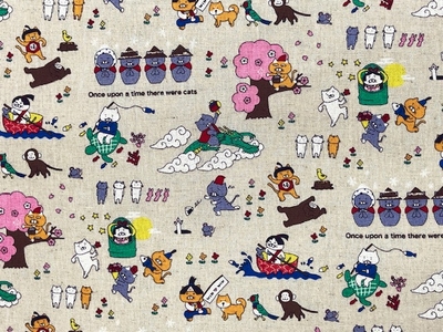 綿麻キャンバスプリント生地 コットンこばやし　昔ばなし猫 KTS7152
