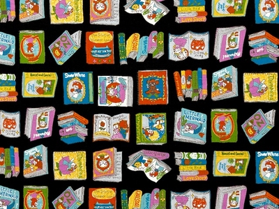 綿シーチングプリント生地 夢見るにゃんこ物語 「本の世界へ」