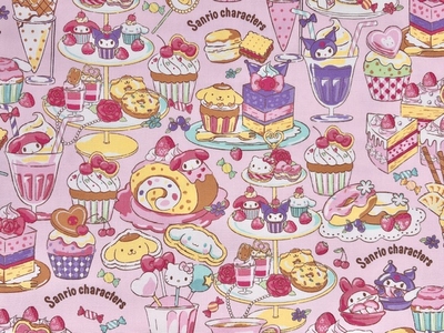 ポイント10倍！ 綿オックスプリント生地 サンリオキャラクターズ ケーキパーティG-8968