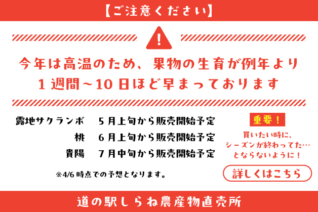 【ご注意ください】今年は高温のため、果物の生育が例年より1週間〜10日ほど早まっております