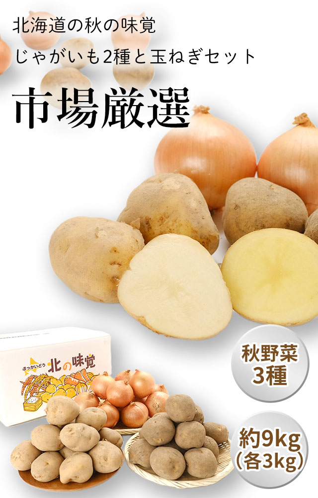 北海道産秋野菜セット(男爵いも・きたあかり・玉ねぎ)各3kgの通販(お取り寄せ)