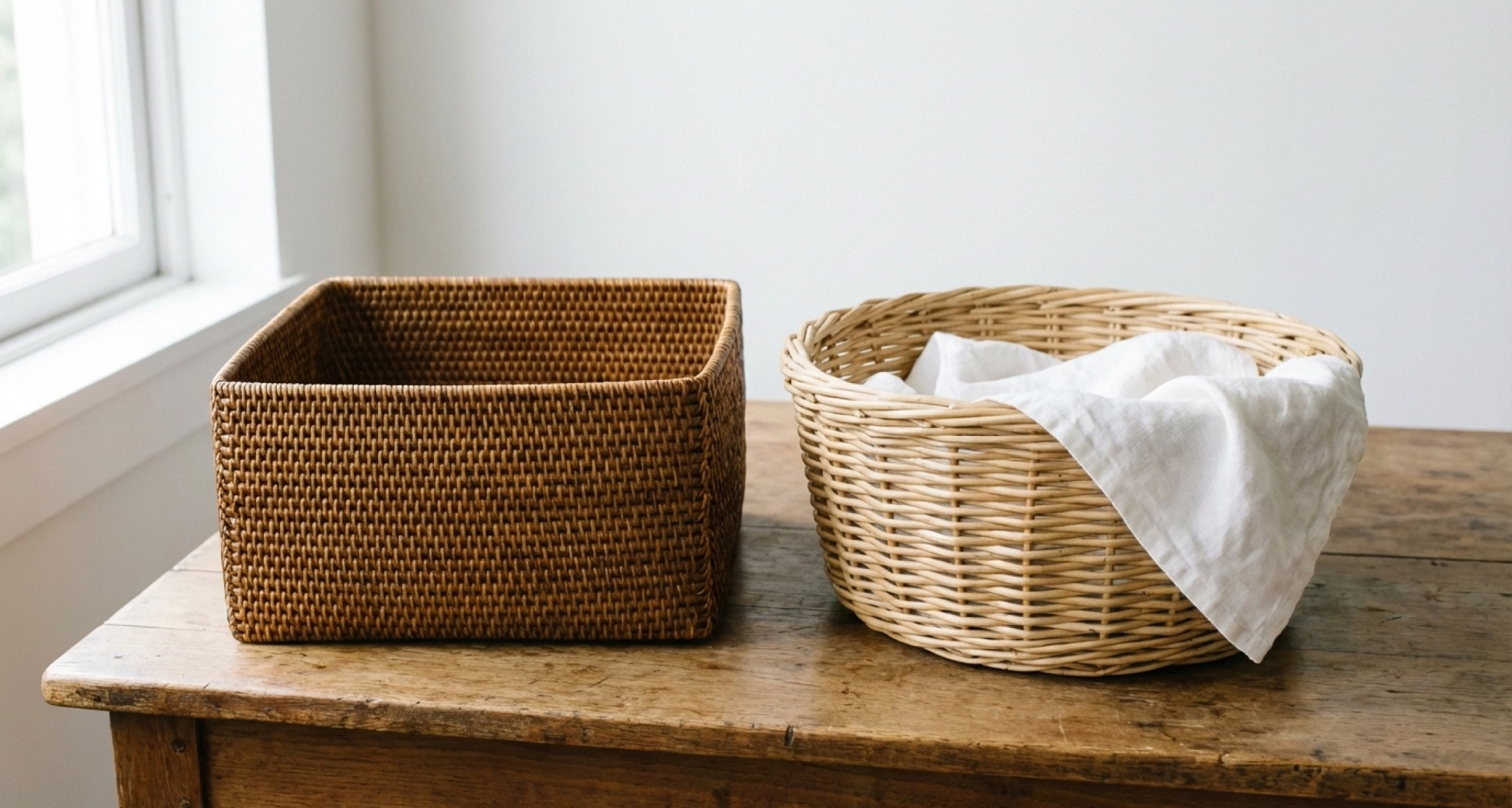 アタかご（左）とラタンかご（右）